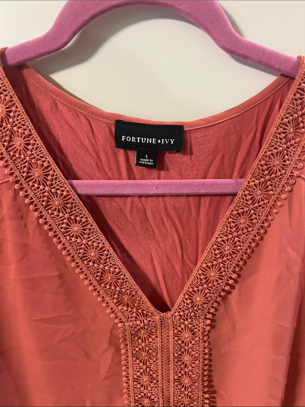 Fortune + Ivy Coral V-Neck Crochet Trim Blouse